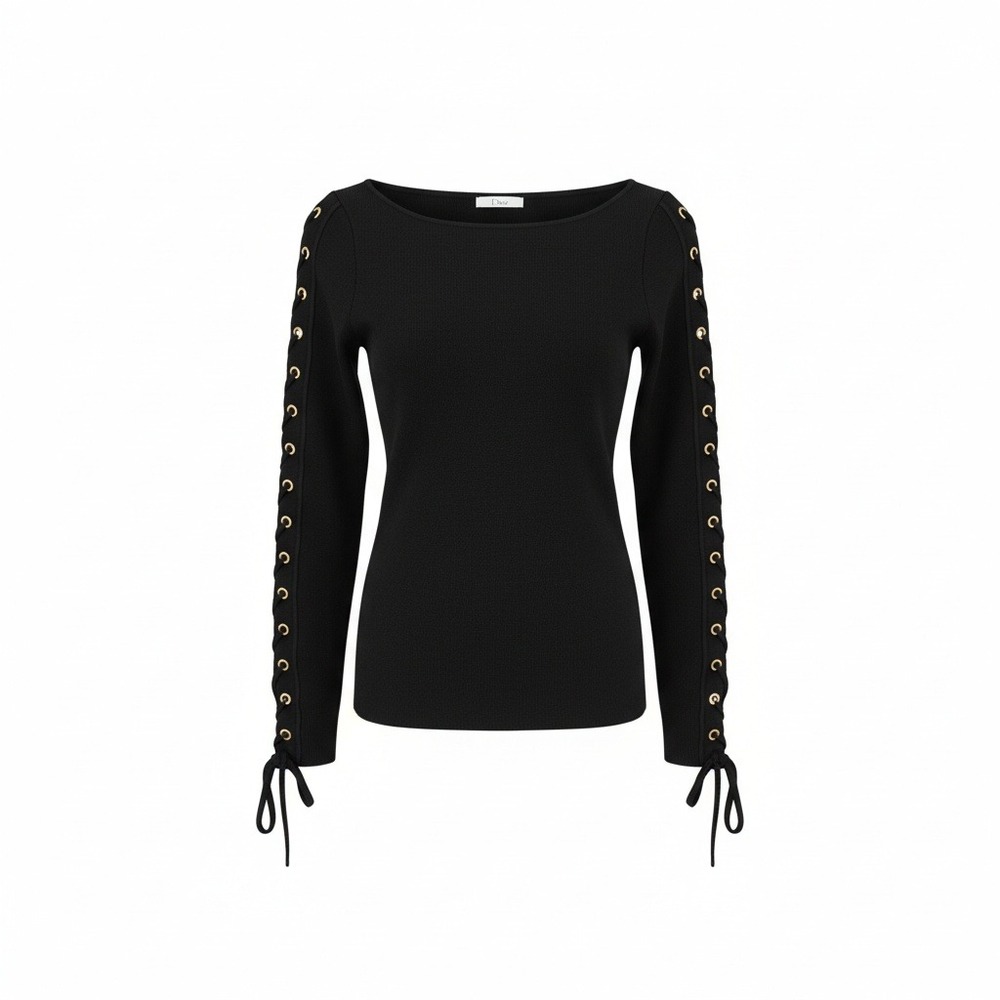 Dex Black‎ Lace Up Sleeve Boat Neck Ribbed Knit Sweater Top Womens Size Small